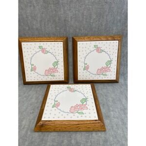 Set of 3 Vintage Floral Ceramic Tile Wood Trivets Hot Pad Retro Decor Pink Green